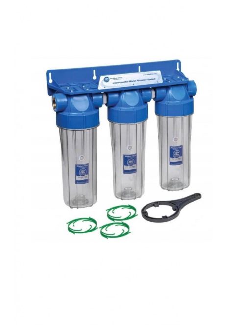 3 lépcsős 10"-os Szűrőház 3/4" csatlakozással, átlátszó házzal, dupla "O" gyűrűs - réz menetes