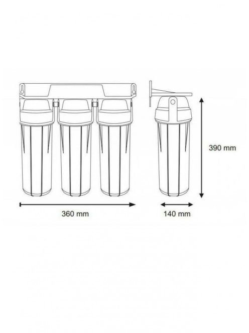 3 lépcsős 10"-os Szűrőház 3/4" csatlakozással, átlátszó házzal, dupla "O" gyűrűs - réz menetes